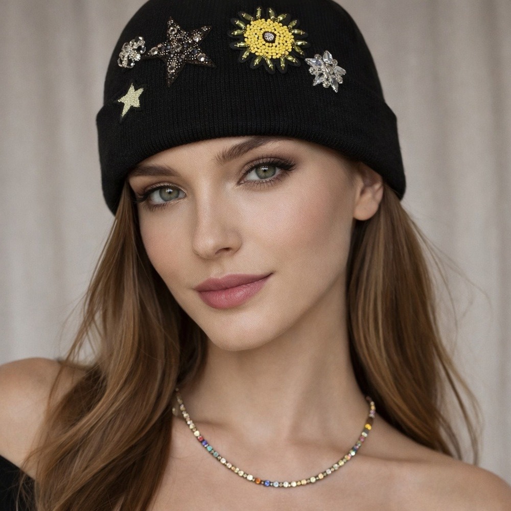 Cinq a Sept‎ Black Embellished Beanie Star Sun Crystal Knit Hat MSRP $195 NEW